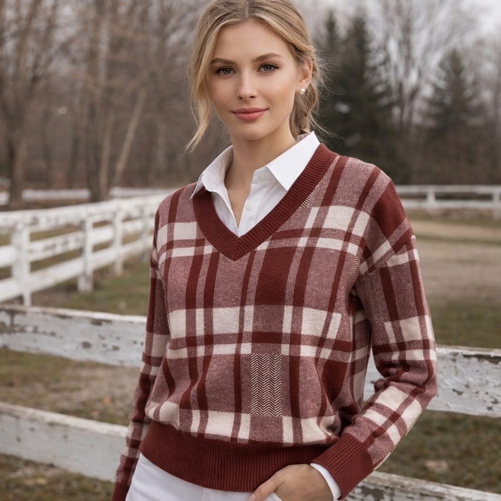 Christian Siriano Plaid V Neck Sweater Preppy Equestrian S